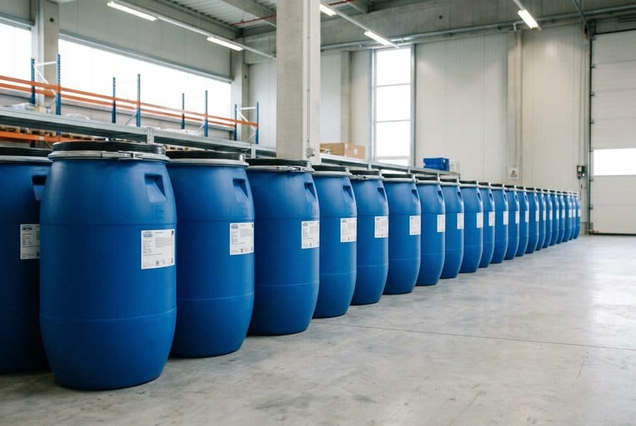 Row of sealed industrial drums in an organized warehouse