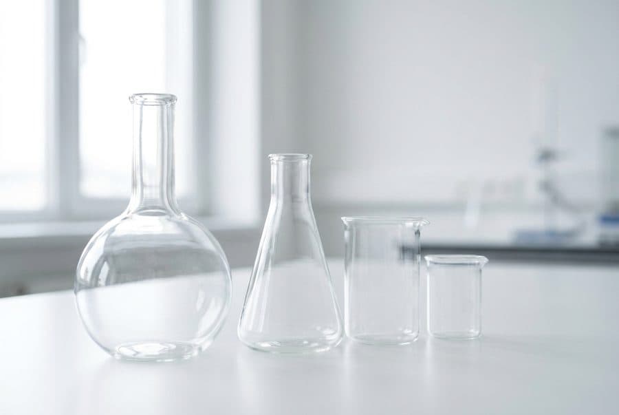 Laboratory glassware — beakers and flasks on a clean surface